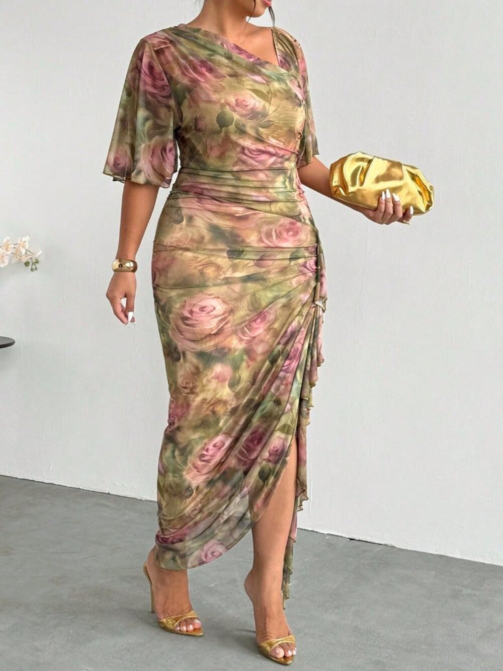 Multicolor Elegant Women's Plus Size V-Neck Floral Print Dress